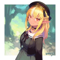 Rule 34 | 1girl, artist name, beret, black choker, black jacket, black ribbon, blonde hair, blush, border, braid, breasts, choker, closed mouth, collared dress, commentary request, cropped jacket, dark-skinned female, dark skin, day, dress, elf, french braid, grass, grey dress, hair ribbon, hat, hatomugi seika, highres, hololive, jacket, long hair, long sleeves, looking at viewer, multicolored hair, official alternate costume, outdoors, outside border, pinstripe dress, pinstripe pattern, pointy ears, red eyes, ribbon, sailor collar, sailor dress, shiranui flare, shiranui flare (street), sidelocks, signature, smile, solo, split mouth, streaked hair, striped clothes, striped dress, tree, vertical stripes, virtual youtuber, white border
