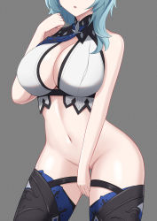 Rule 34 | 1girl, blue hair, breasts, cleavage, covering privates, covering crotch, cowboy shot, eula (genshin impact), genshin impact, head out of frame, highres, jewelry, large breasts, navel, necklace, no panties, sssiluva, thighhighs