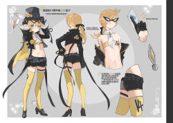 Rule 34 | 1boy, black footwear, black gloves, black headwear, black jacket, black mask, black ribbon, black shorts, blonde hair, card, character sheet, crop top, cropped jacket, eye mask, flower, gloves, hat, hat feather, hat flower, highres, holding, holding card, jacket, jewelry, kagamine len, long hair, mask, multiple views, open clothes, open jacket, playing card, ponytail, ribbon, shorts, sparkle, standing, tattoo, thighhighs, top hat, trap, vocaloid, wumumu, yellow flower, yellow thighhighs