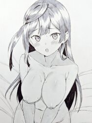 Rule 34 | 1girl, bare shoulders, blush, breasts, collarbone, commentary, commentary request, completely nude, furrowed brow, greyscale, groin, hair between eyes, long hair, looking at viewer, love live!, love live! nijigasaki high school idol club, medium breasts, midriff, monochrome, navel, nipples, nude, one side up, open mouth, sidelocks, solo, traditional media, upper body, yamada taishi, yuki setsuna (love live!)