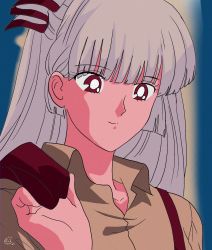 Rule 34 | 1990s (style), 1girl, blue background, bow, brown shirt, closed mouth, collar, collared shirt, eyes visible through hair, fujiwara no mokou, grey bow, grey hair, hair between eyes, hand up, highres, long hair, looking to the side, mokoiscat, multicolored bow, pants, red bow, red eyes, red pants, retro artstyle, shirt, smile, solo, touhou, upper body, yellow background
