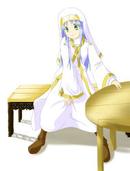 Rule 34 | 1girl, bench, blue hair, board, boots, green eyes, habit, highres, index (toaru majutsu no index), looking at viewer, nun, otesho, robe, safety pin, simple background, solo, table, toaru majutsu no index, white background
