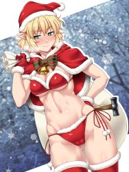 Rule 34 | 1girl, alternate costume, bag, bell, blonde hair, blush, breasts, breath, cameltoe, capelet, christmas, cleavage, closed mouth, collarbone, cowbell, fur-trimmed gloves, fur-trimmed headwear, fur-trimmed legwear, fur trim, gloves, green eyes, hammer, hand on own hip, hat, highres, in tree, medium breasts, mizuhashi parsee, navel, ootsuki wataru, over shoulder, pointy ears, red capelet, red gloves, red hat, santa hat, shiny skin, short hair, snowflakes, snowing, solo, standing, stomach, sweatdrop, thighhighs, thighs, touhou, tree, underwear