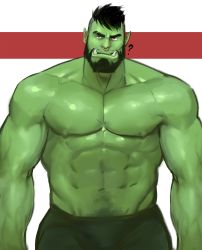 Rule 34 | 1boy, ?, abs, bara, beard, borrowed character, bulge, colored skin, cowboy shot, dopey (dopq), facial hair, fangs, green skin, highres, krain, large pectorals, looking at viewer, male focus, mature male, monster boy, muscular, muscular male, mustache, navel, navel hair, nipples, nose piercing, nose ring, orc, original, pants, pectorals, piercing, pointy ears, short hair, solo, stomach, straight-on, thick eyebrows, topless male, undercut