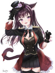 Rule 34 | 1girl, animal ears, artist name, bad id, bad pixiv id, black bow, black gloves, black hat, black thighhighs, blush, bow, breasts, cat ears, cat tail, cleavage, fang, flower, garter belt, gloves, hand up, hat, hat flower, highres, long hair, masyu jyaga, original, purple eyes, solo, standing, tail, thighhighs