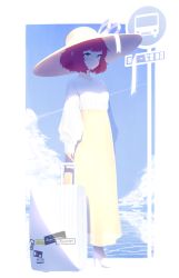 Rule 34 | 1girl, beige headwear, beige skirt, blue sky, bus stop, closed mouth, cloud, commentary request, day, dev (dev0614), green eyes, hat, hat ribbon, high-waist skirt, high heels, highres, long sleeves, looking away, original, puffy long sleeves, puffy sleeves, red hair, ribbon, rolling suitcase, shirt, shoes, short hair, skirt, sky, sleeves past wrists, solo, standing, suitcase, sun hat, water, white footwear, white hat, white ribbon, white shirt
