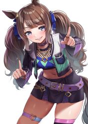 Rule 34 | absurdres, animal ears, belt, black hair, blue eyes, breasts, brown hair, collar, collarbone, crop top, fingernails, grin, hcstyrus ii, highres, horse ears, horse girl, horse tail, jacket, jewelry, long hair, medium breasts, navel, necklace, pointing, pointing at viewer, ring, simple background, smile, tail, thighs, tosen jordan (umamusume), twintails, umamusume, white background