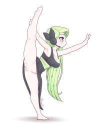 Rule 34 | 1girl, armpits, barefoot, black dress, breasts, cleavage, cleft of venus, closed mouth, creatures (company), dress, fewer digits, from side, full body, game freak, gen 5 pokemon, green hair, green sash, headset, humanization, kionant, legendary pokemon, long hair, meloetta, meloetta (aria), mythical pokemon, nintendo, no panties, pokemon, pokemon (creature), profile, pussy, sash, signature, simple background, solo, split, standing, standing on one leg, standing split, uncensored, very long hair, white background