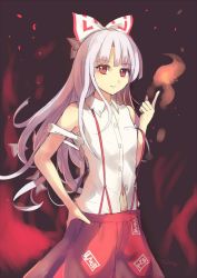 Rule 34 | 1girl, bare shoulders, bow, culter, fire, fujiwara no mokou, gradient background, hair bow, long hair, navel, red eyes, shirt, silver hair, sleeveless, sleeveless shirt, smile, solo, suspenders, touhou