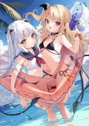 Rule 34 | 2girls, absurdres, bikini, black bikini, blonde hair, blue sky, boku wa chiisana succubus no shimobe, breasts, chloe lilith stella, cloud, crop top, demon girl, demon horns, demon tail, grey hair, heart-shaped innertube, heterochromia, highres, horns, innertube, kedama milk, multiple girls, navel, ocean, pointy ears, pubic tattoo, red eyes, sailor collar, sky, small breasts, smile, standing, standing on one leg, sunlight, swim ring, swimsuit, tail, tattoo, thigh strap, tiffany lilith stella, wading, water, water gun, yellow eyes