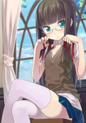 Rule 34 | 1girl, :3, absurdres, aqua eyes, blunt bangs, blush, brown hair, buntan, cloud, crossed legs, curtains, day, flat chest, from below, glasses, green eyes, highres, hime cut, long hair, looking at viewer, neck ribbon, open clothes, open shirt, original, pleated skirt, ribbon, school uniform, shirt, short sleeves, sitting, skirt, smile, solo, sweater, sweater vest, thighhighs, thighs, undressing, v-neck, white thighhighs, window