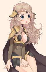 Rule 34 | 1girl, ahoge, berserkwitchart, blonde hair, blue eyes, breasts, cape, circlet, fire emblem, fire emblem fates, hair ornament, highres, long hair, looking to the side, medium breasts, nintendo, open mouth, ophelia (fire emblem), turtleneck