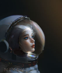 Rule 34 | 1girl, artist name, blonde hair, blue eyes, commentary request, eyelashes, fantasy, freckles, gradient background, helmet, highres, looking afar, nixeu, original, parted lips, pointy nose, realistic, red lips, shadow, solo, space, space helmet, spacesuit, thick eyebrows, upper body