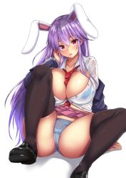 Rule 34 | 1girl, alternate breast size, animal ears, ass, between breasts, black footwear, black jacket, blazer, blue bra, blue panties, blush, bra, breasts, cleavage, collarbone, commentary request, ebi 193, feet out of frame, hair between eyes, hand in own hair, hand up, head tilt, jacket, knee up, large breasts, loafers, long hair, long sleeves, miniskirt, necktie, necktie between breasts, off shoulder, open mouth, panties, pink skirt, pleated skirt, purple hair, rabbit ears, red eyes, red necktie, reisen udongein inaba, see-through, shadow, shirt, shoes, sidelocks, simple background, sitting, skirt, solo, thighhighs, thighs, touhou, underwear, very long hair, white background, white shirt