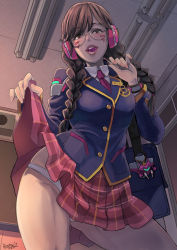 Rule 34 | 1girl, academy d.va, alternate hairstyle, bag, bespectacled, blazer, braid, brown hair, butcha-u, candy, clothes lift, d.va (overwatch), facial mark, food, food in mouth, glasses, gluteal fold, headphones, highres, jacket, lifting own clothes, lollipop, looking at viewer, naughty face, necktie, official alternate costume, open mouth, overwatch, overwatch 1, panties, pink necktie, school bag, school uniform, skirt, skirt lift, solo, twin braids, underwear, whisker markings, white panties