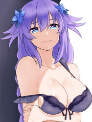 Rule 34 | 1girl, bare shoulders, blue eyes, blush, braid, breasts, cleavage, collarbone, commentary, english commentary, flower, hair flower, hair ornament, highres, large breasts, light smile, long hair, looking at viewer, neptune (neptunia), neptune (series), power symbol, power symbol-shaped pupils, purple hair, purple heart (neptunia), solo, symbol-shaped pupils, twin braids, upper body, zatsu