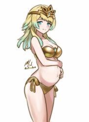 Rule 34 | 1girl, alternate costume, alternate hairstyle, aqua eyes, bare arms, bare shoulders, bikini, blonde hair, blush, breasts, cleavage, commentary, cowboy shot, crown, english commentary, fire emblem, fire emblem heroes, fjorm (fire emblem), gold bikini, gradient hair, green hair, hands on own stomach, highres, long hair, looking at viewer, medium breasts, multicolored hair, navel, nintendo, pregnant, rotomdocs, side-tie bikini bottom, signature, simple background, smile, solo, strapless, strapless bikini, swimsuit, twitter username, white background