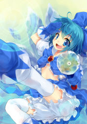 Rule 34 | 1girl, absurdres, adapted costume, bad id, bad pixiv id, bloomers, blue eyes, blue hair, bow, cirno, frog, gloves, hair bow, highres, ice, leg warmers, magical girl, matching hair/eyes, md5 mismatch, redcomet, salute, short hair, solo, thighhighs, touhou, underwear, wand, white thighhighs, wings