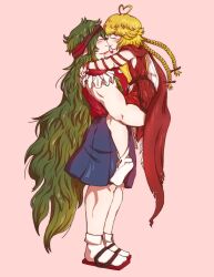 Rule 34 | 2others, androgynous, antenna hair, belt, black belt, blonde hair, blue skirt, braid, brown headband, cape, carrying, carrying person, closed eyes, closed mouth, dress, green hair, gzpxllztt, headband, highres, kiss, len&#039;en, long hair, multiple others, muscular, ooama no ake no mitori, pink background, pointy ears, red cape, red dress, red shirt, sandals, shirt, skirt, socks, taira no fumikado, twin braids, very long hair