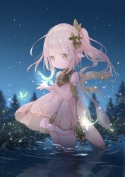Rule 34 | 1girl, :o, animal, bare shoulders, bug, butterfly, commentary request, dress, genshin impact, gradient hair, green eyes, green hair, grey hair, hair ornament, highres, insect, long hair, multicolored hair, nahida (genshin impact), night, night sky, outdoors, parted lips, peas (peas0125), pointy ears, side ponytail, sky, sleeveless, sleeveless dress, solo, star (sky), starry sky, very long hair, wading, water, white dress