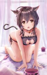 Rule 34 | absurdres, ahoge, all fours, animal ears, bare shoulders, bed, bell, black bra, black hair, black panties, blush, bowl, bra, breasts, cat cutout, cat ears, cat girl, cat tail, cleavage, clothing cutout, collar, collarbone, commentary request, curtains, fangs, hair between eyes, highres, idolmaster, idolmaster cinderella girls, indoors, kohinata miho, looking at viewer, masuku (saint mask), medium breasts, neck bell, open mouth, panties, short hair, solo, string panties, tail, underwear, underwear only, yarn, yarn ball, yellow eyes