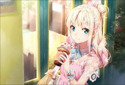 Rule 34 | 1girl, aqua eyes, bag, bead bracelet, beads, blonde hair, blush, bow, bracelet, closed mouth, coffee, door, dress, drinking straw, earrings, gradient hair, hair bow, hairband, hakusai (tiahszld), handbag, holding, jewelry, lace, long hair, looking at viewer, multicolored hair, nail polish, original, pink bow, pink dress, pink hair, pink nails, ring, smile, solo, standing, table, upper body, whipped cream, wristband