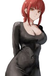 Rule 34 | 1girl, arms behind back, black dress, braid, braided ponytail, breasts, chainsaw man, cleavage, closed mouth, covered navel, dress, highres, large breasts, long sleeves, looking at viewer, makima (chainsaw man), raberu ruru, red hair, ringed eyes, sidelocks, solo, white background, yellow eyes