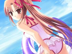 Rule 34 | 1girl, brown eyes, brown hair, casual one-piece swimsuit, choker, day, innertube, non-web source, ocean, one-piece swimsuit, outdoors, ponytail, sky, solo, swim ring, swimsuit
