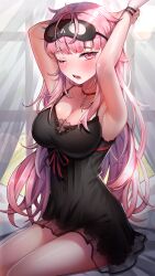 Rule 34 | 1girl, absurdres, armpits, arms up, black choker, black dress, blunt bangs, blush, bracelet, breasts, choker, cleavage, dress, highres, hololive, hololive english, jewelry, large breasts, libratul, long hair, messy hair, mori calliope, mori calliope (sleepwear), one eye closed, open mouth, pink eyes, pink hair, solo, tears, virtual youtuber