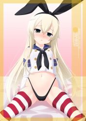 Rule 34 | 1girl, anchor, anchor hair ornament, black hairband, black neckerchief, black panties, blonde hair, breasts, crop top, elbow gloves, gloves, grey eyes, hair ornament, hairband, highleg, highleg panties, highres, inaba shiki, kantai collection, lifebuoy, long hair, looking at viewer, neckerchief, panties, sailor collar, school uniform, serafuku, shimakaze (kancolle), sitting, small breasts, solo, striped clothes, striped thighhighs, swim ring, thighhighs, underwear, white gloves