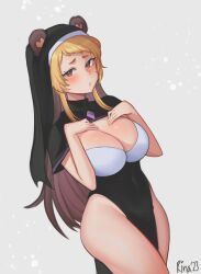 Rule 34 | 1girl, animal ear headwear, artist name, bear girl, black dress, blonde hair, blush, breasts, brown eyes, brown hair, cleavage, coif, covered navel, dress, fake animal ears, gem, grey background, hands on own chest, highres, large breasts, long hair, looking at viewer, multicolored hair, nun, papulive, pelvic curtain, rina megakuma (artist), rina megakuma (vtuber), robe, solo, standing, thick eyebrows, thighs, veil