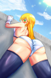 Rule 34 | 1girl, arc system works, ass, ayu minori, back, bare shoulders, blazblue, blonde hair, blush, breasts, cameltoe, embarrassed, from behind, from below, gloves, green eyes, highres, long hair, looking at viewer, looking down, noel vermillion, panties, shiny skin, sideboob, small breasts, solo, thighhighs, underwear