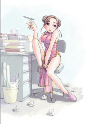 Rule 34 | bare shoulders, book, brown eyes, brown hair, china dress, chinese clothes, double bun, dress, eyeshadow, hair bun, makeup, non-web source, office, pen, sitting