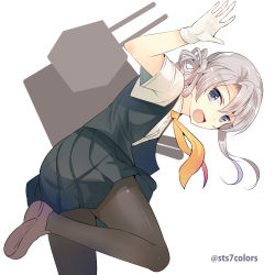 Rule 34 | 10s, 1girl, asymmetrical hair, black pantyhose, black skirt, collared shirt, flipped hair, gloves, grey eyes, kantai collection, leg up, looking at viewer, machinery, necktie, nowaki (kancolle), open clothes, open mouth, open vest, pantyhose, pleated skirt, school uniform, shirt, silver hair, simple background, skirt, solo, sts, swept bangs, twitter username, vest, white background, white gloves