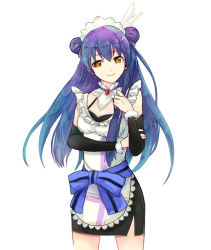 Rule 34 | 1girl, apron, blue hair, commentary request, cowboy shot, detached sleeves, double bun, earrings, hair between eyes, hair bun, highres, jewelry, long hair, looking at viewer, love live!, love live! school idol project, maid, maid apron, maid headdress, mogyutto &quot;love&quot; de sekkin chuu!, pencil skirt, simple background, skirt, smile, solo, sonoda umi, white background, yellow eyes