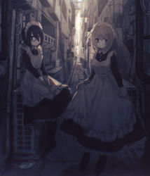 Rule 34 | 2girls, absurdres, air conditioner, alley, apron, black hair, blonde hair, building, frilled apron, frills, glasses, highres, long hair, long sleeves, maid, maid apron, maid headdress, multiple girls, muted color, nonaprev, original, outdoors, power lines, short hair, sitting, skirt, skirt hold, standing, victorian maid, white apron