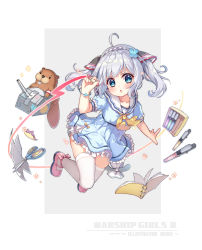 Rule 34 | 1girl, :o, ahoge, animal, blue dress, blue eyes, blue flower, blush, bow, braid, cannon, cat tail, claxton (warship girls r), collarbone, colored pencil, copyright name, dress, fingernails, flower, frilled dress, frills, grey background, hair flower, hair ornament, hasu (velicia), head tilt, highres, long hair, looking at viewer, mary janes, nail polish, official art, otter, parted lips, pencil, pink bow, pink footwear, pink nails, puffy short sleeves, puffy sleeves, sailor collar, sailor dress, scissors, shoes, short sleeves, silver hair, solo, tail, tail bow, tail ornament, thighhighs, torpedo, turret, twintails, two-tone background, warship girls r, white background, white bow, white sailor collar, white thighhighs, yellow neckwear