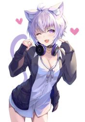 Rule 34 | 1girl, animal ear fluff, animal ears, blue cardigan, bottomless, breasts, buttons, cardigan, cat ears, cat girl, cat tail, choker, cleavage, collarbone, collared shirt, commentary request, cowboy shot, crossed bangs, heart, hololive, leaning forward, looking at viewer, medium breasts, neck ribbon, nekomata okayu, nekomata okayu (oversized shirt), one eye closed, open mouth, pi tayuko, purple eyes, purple hair, ribbon, shirt, short hair, sidelocks, simple background, sleeves past wrists, smile, solo, standing, tail, virtual youtuber, white background, white shirt