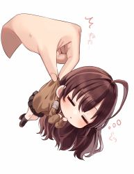Rule 34 | !, 1girl, 1other, absurdres, ahoge, arms up, beige sweater, black legwear, black skirt, blush, brown footwear, brown hair, chibi, closed eyes, hands up, highres, ichinose shiki, idolmaster, idolmaster cinderella girls, kudou (sikisiki0000), lifting person, long hair, long sleeves, looking at viewer, miniskirt, open mouth, picking up, pleated skirt, pov, pov hands, shoes, simple background, skirt, sweat, sweatdrop, sweater, v arms, white background