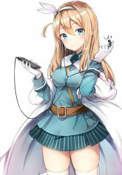Rule 34 | 1girl, aqua skirt, belt, between breasts, blonde hair, blue eyes, blue skirt, blush, breasts, cellphone, closed mouth, cowboy shot, earbuds, earphones, fur collar, girls&#039; frontline, hair between eyes, hairband, holding, holding phone, in-ear earphones, long hair, looking at viewer, luse maonang, medium breasts, military, military uniform, musical note, phone, quaver, simple background, skirt, smartphone, solo, strap between breasts, striped clothes, striped skirt, suomi (girls&#039; frontline), thighhighs, thighs, uniform, white background, zettai ryouiki