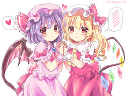 Rule 34 | 2girls, bat wings, blonde hair, blush, bow, commentary request, dress, flandre scarlet, hat, heart, highres, interlocked fingers, light purple hair, multiple girls, own hands together, ramudia (lamyun), red bow, red eyes, red neckwear, remilia scarlet, short hair, siblings, simple background, sisters, speech bubble, spoken blush, spoken heart, touhou, twitter username, white background, wings, yellow neckwear