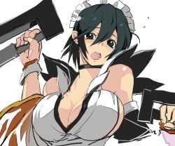 Rule 34 | 1girl, arms behind head, blush, breasts, breasts squeezed together, butterfly swords, cleavage, green eyes, green hair, hebozyano, holding, holding weapon, iroha (samurai spirits), large breasts, looking at viewer, maid, maid headdress, open mouth, samurai spirits, shiny skin, smile, snk, solo, thighs, weapon, white background