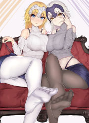 Rule 34 | 2girls, ass, asymmetrical docking, bare shoulders, black bra, black legwear, blonde hair, blue eyes, blue skirt, blush, bra, breast press, breasts, clothing cutout, collarbone, couch, crossed legs, denim, denim skirt, fate/grand order, fate (series), feet, finger to mouth, foreshortening, grey sweater, headpiece, highleg, highleg panties, jeanne d&#039;arc (fate), jeanne d&#039;arc (ruler) (fate), jeanne d&#039;arc alter (avenger) (fate), jeanne d&#039;arc alter (fate), large breasts, legs, licking, licking finger, looking at viewer, midriff, miniskirt, multiple girls, naughty face, no shoes, nose blush, off-shoulder, off-shoulder sweater, off shoulder, pale skin, panties, panties under pantyhose, pantyhose, parted lips, ribbed sweater, sherryqq, short hair, shoulder cutout, sitting, skirt, smile, soles, strap pull, sweater, toes, tongue, tongue out, turtleneck, turtleneck sweater, underwear, white hair, white legwear, white panties, white sweater, yellow eyes