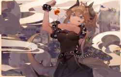 Rule 34 | 1girl, armlet, bare shoulders, beige background, black collar, black dress, blonde hair, blue eyes, borrowed design, bowsette, bracelet, bras d&#039;honneur, breasts, breath weapon, breathing fire, closed mouth, collar, commentary, crown, dress, earrings, fire, horns, jewelry, kawacy, long hair, mario (series), medium breasts, new super mario bros. u deluxe, nintendo, pointy ears, ponytail, smile, solo, spiked armlet, spiked bracelet, spiked shell, spikes, strapless, strapless dress, super crown, tongue, tongue out, turtle shell, upper body, we can do it!