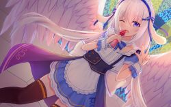 Rule 34 | 1girl, angel, angel wings, blue eyes, hair between eyes, hair ornament, highres, hikkyou, long hair, looking at viewer, maid, masquerade channel, microphone, open mouth, smile, solo, tenshi nano, virtual youtuber, white hair, wings, youtube