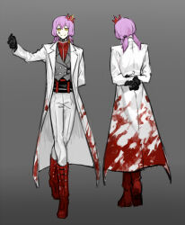 Rule 34 | 1girl, arm behind back, black gloves, boots, closed mouth, coat, crown, e.g.o (project moon), employee (project moon), gloves, grey vest, lobotomy corporation, long sleeves, looking at viewer, mini crown, multiple views, nishikujic, pants, project moon, purple hair, red footwear, short twintails, smile, solo, twintails, vest, white coat, white pants, yellow eyes