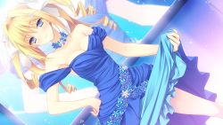 Rule 34 | 1girl, blonde hair, blue dress, blue eyes, breasts, cleavage, clothes lift, collarbone, contrapposto, dress, dress lift, drill hair, dutch angle, flower, game cg, hand on own hip, lifted by self, looking at viewer, non-web source, off-shoulder dress, off shoulder, ribbon, smile, standing, suzuhira hiro, tsuki ni yorisou otome no sahou, twintails, ursule fleur jeanmaire
