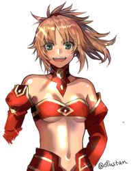 Rule 34 | 1girl, :d, bad id, bad pixiv id, bandeau, bare shoulders, blonde hair, blush, breasts, collarbone, detached collar, detached sleeves, fate/apocrypha, fate (series), green eyes, looking at viewer, mordred (fate), mordred (fate/apocrypha), navel, ofstan, open mouth, ponytail, red sleeves, shiny skin, short hair, simple background, small breasts, smile, solo, twitter username, underboob, upper body, white background