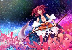Rule 34 | 1girl, bare shoulders, breasts, cleavage, female focus, flower, hair bobbles, hair ornament, highres, large breasts, masaki shin, night, night sky, onozuka komachi, red eyes, red hair, scythe, short hair, skirt, sky, solo, spider lily, star (sky), starry sky, touhou, twintails, two side up