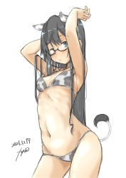 Rule 34 | 1girl, absurdres, animal ears, animal print, aqua eyes, artist name, bikini, black-framed eyewear, black hair, blush, closed mouth, cow ears, cow print, cow tail, cowboy shot, dated, fyuo, glasses, groin, highres, kantai collection, long hair, looking at viewer, navel, ooyodo (kancolle), signature, simple background, solo, swimsuit, tail, white background, white bikini